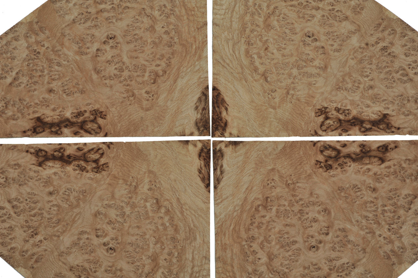 English Oak Burr veneer - set of 4 leafs. 14" x 11" ( 36 x 28 cm )