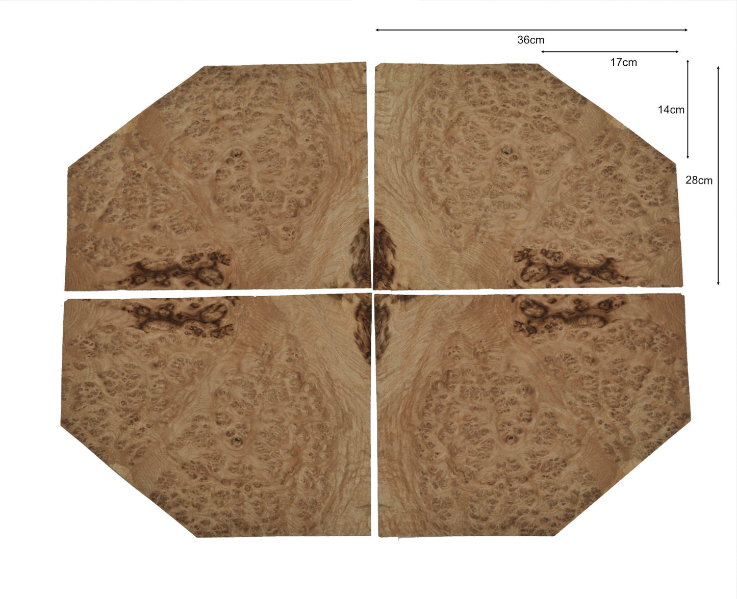 English Oak Burr veneer - set of 4 leafs. 14" x 11" ( 36 x 28 cm )