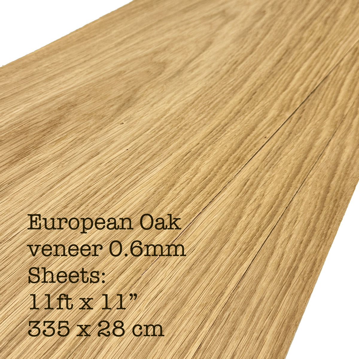 Close-up of European Oak veneer sheet with dimensions text overlay