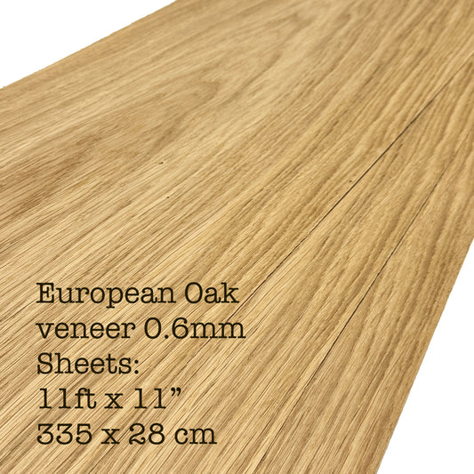 Close-up of European Oak veneer sheet with dimensions text overlay