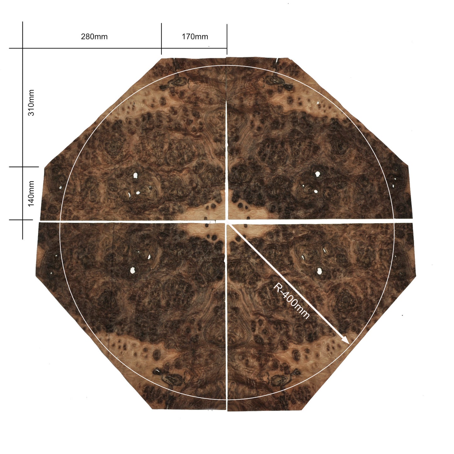 Walnut burr veneer - set of 4 leafs. 18" x 17" ( 45 x 43 cm )