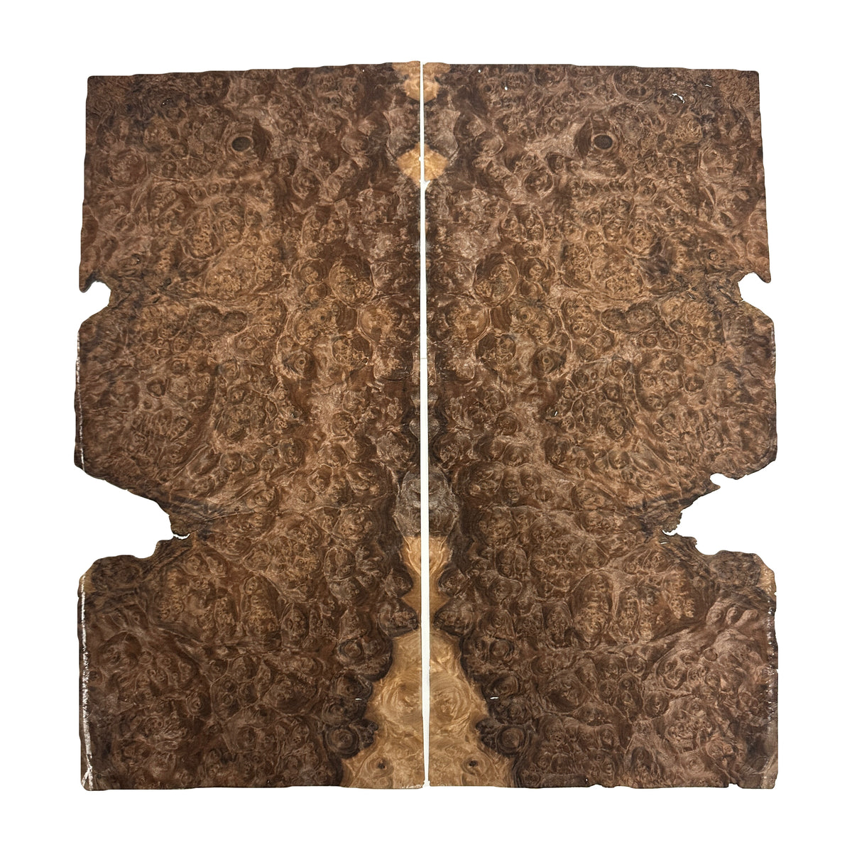 Two matching rectangular pieces of burl wood with irregular cut edges, shown side by side on a plain white background.