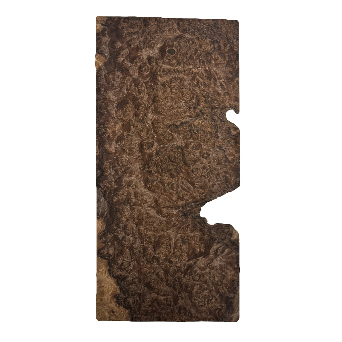 A rectangular wood veneer with a highly figured burl wood pattern in shades of dark brown and black