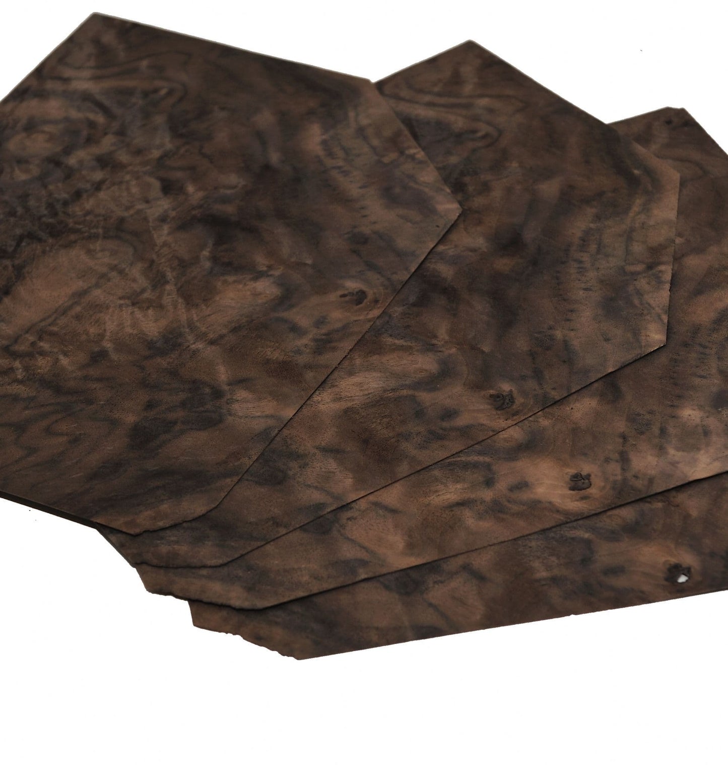 Walnut burr veneer. Set of 4 leafs: 10" x 7.5" ( 26 x 19 cm )